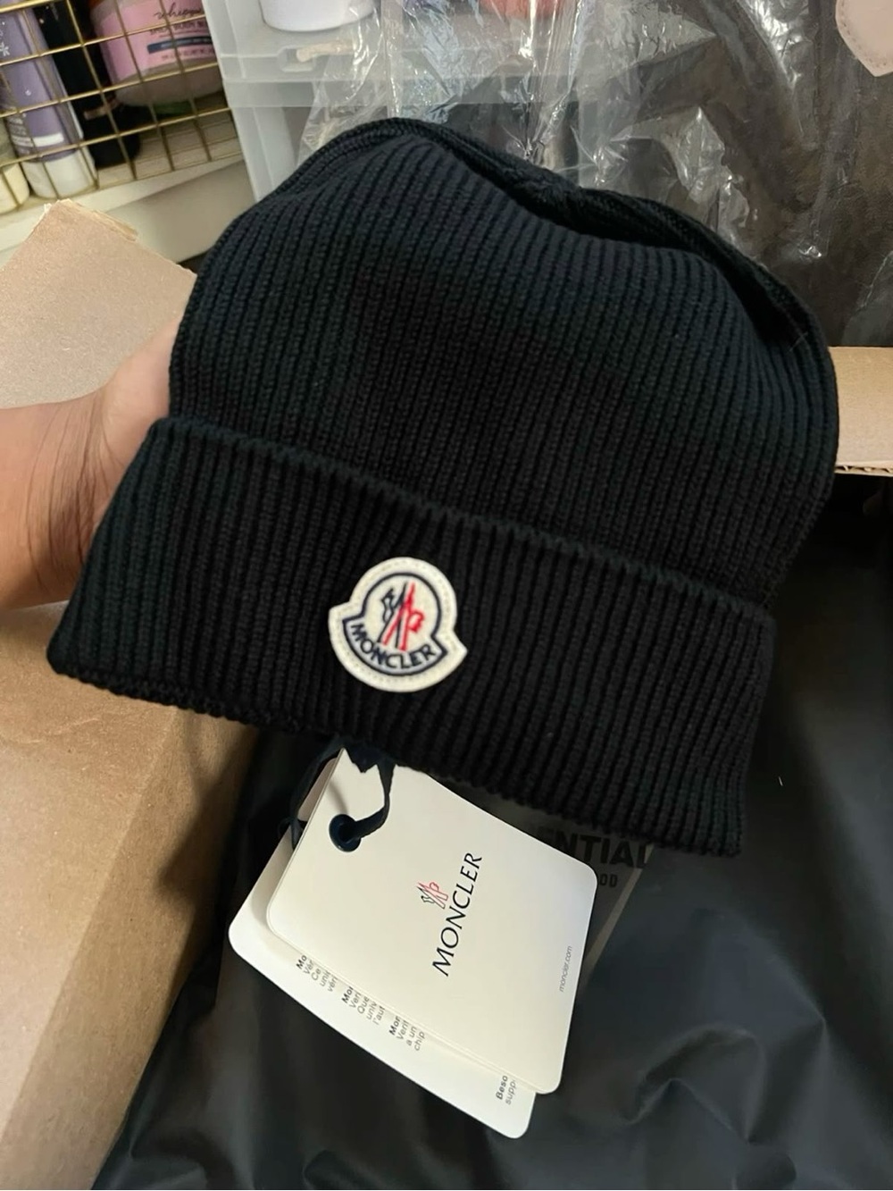 Moncler Black Ribbed Wool Cuff Beanie with Logo Patch